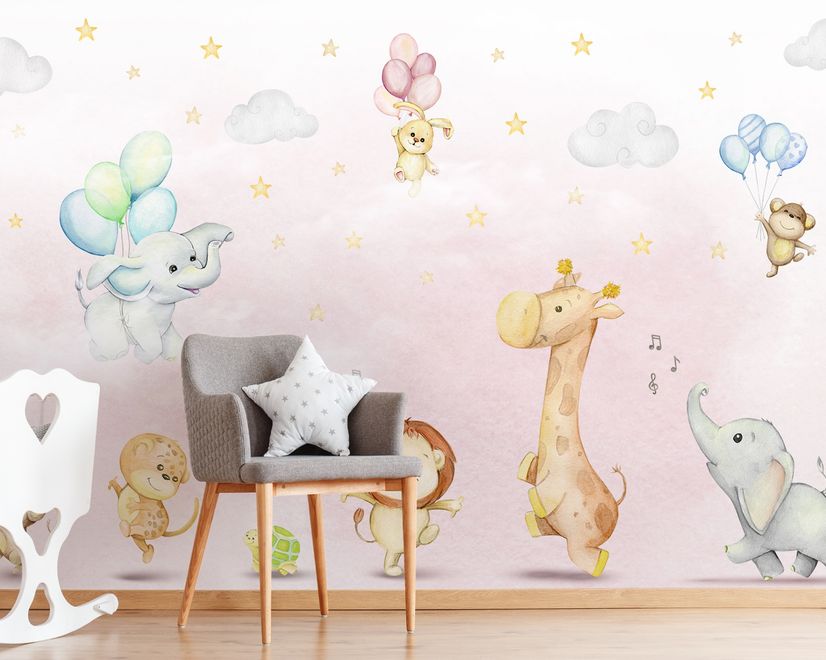 Kids Nursery Safari Animals Playing Wallpaper Mural