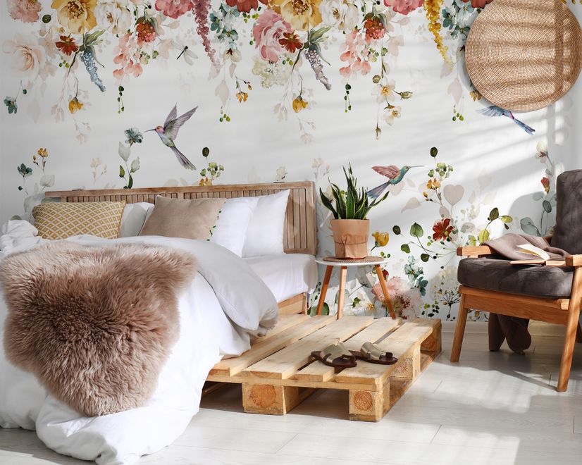 Watercolor Soft Floral with Birds Wallpaper Mural