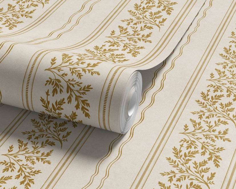 Gold and white wallpaper with antique gold leafy sprig stripes on parchment cream