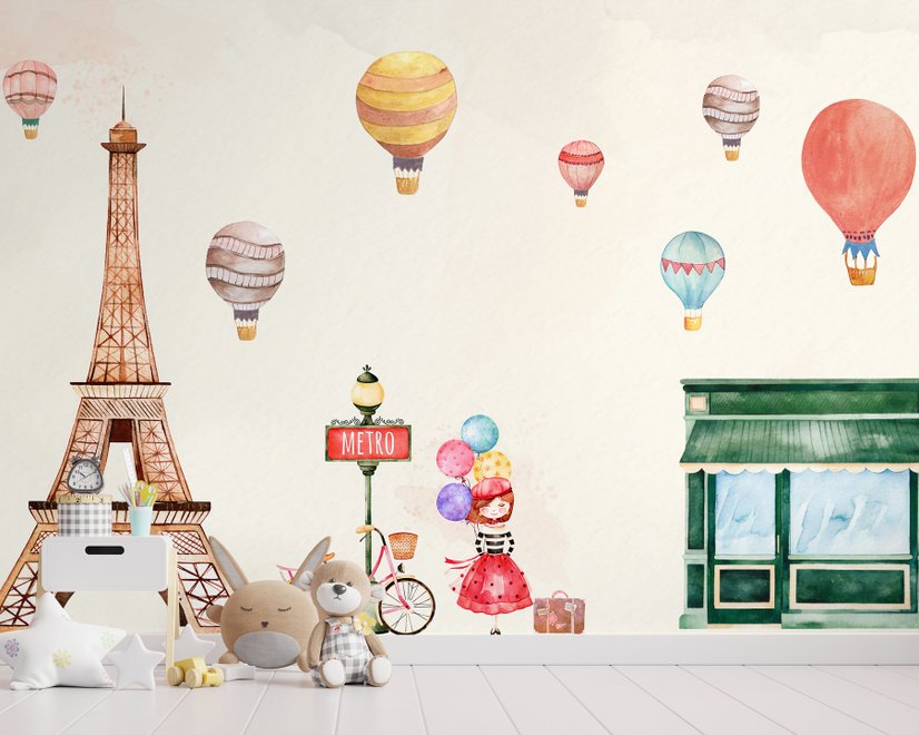 Papier peint Tour Eiffel et petite montgolfière