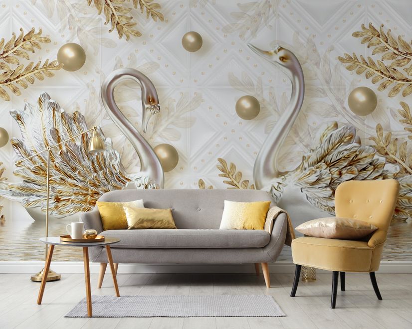 3D Look Swan and Leaf with Water Pattern Wallpaper Mural