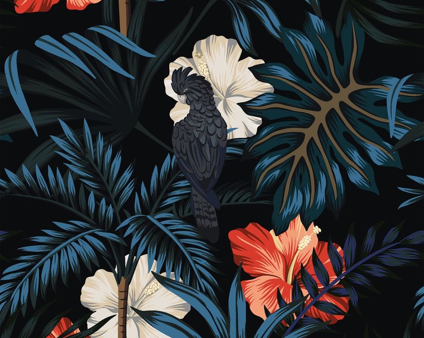Exotic Leaves with Birds Wallpaper Mural