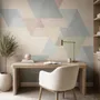 Pastel abstract wallpaper with overlapping sky blue, blush, cream, sage and grey textured triangles