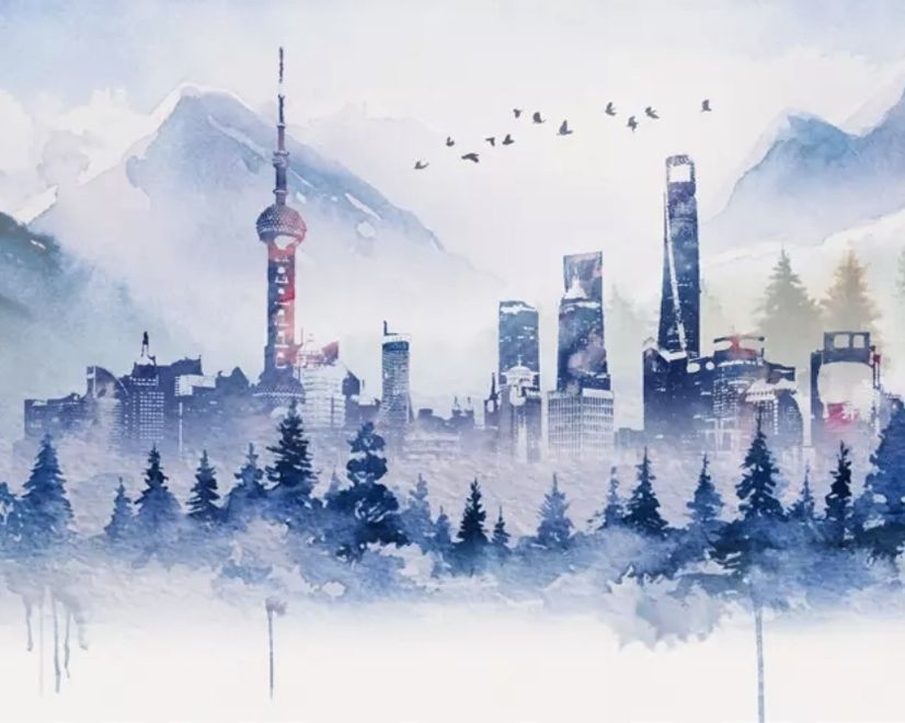 Watercolor Skyscraper Landscape Wallpaper Mural