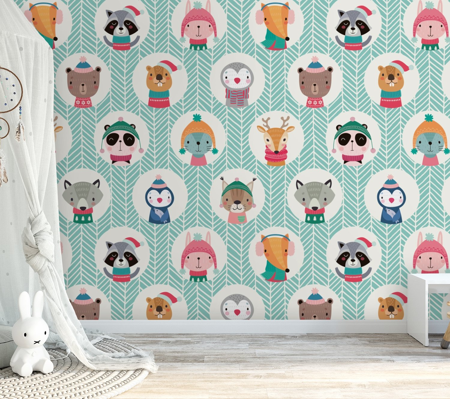 Kids Cute Winter Animals Pattern with Lines Wallpaper Mural - Peel and Stick
