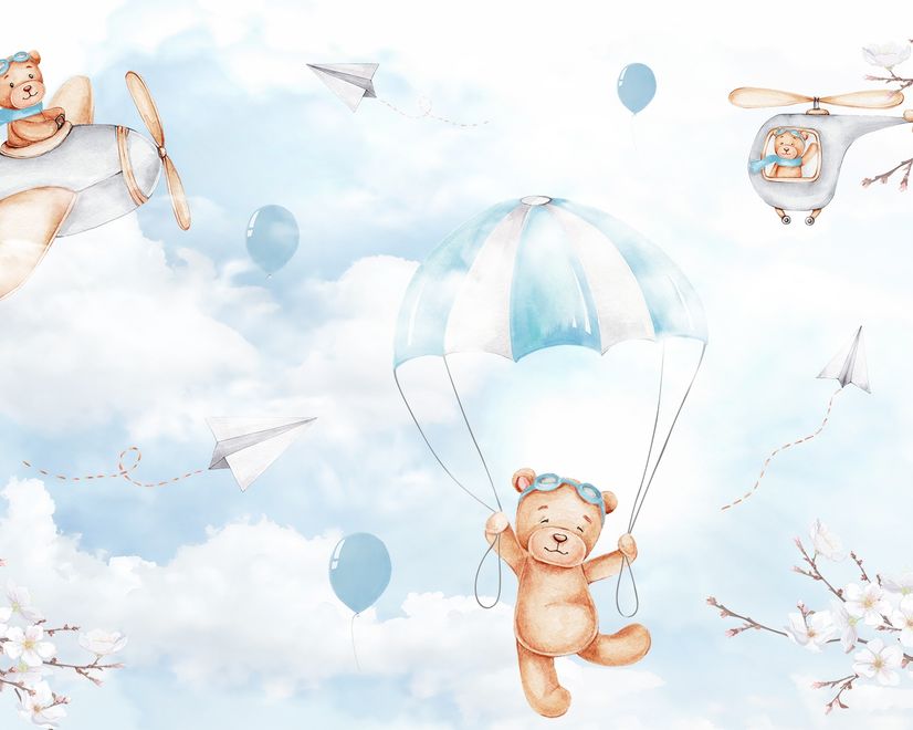 Cute Bear Flying with Paper Planes Wallpaper Mural