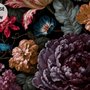 Vintage peony wallpaper mural with plum, blush and ivory flowers, dark foliage and small hummingbirds