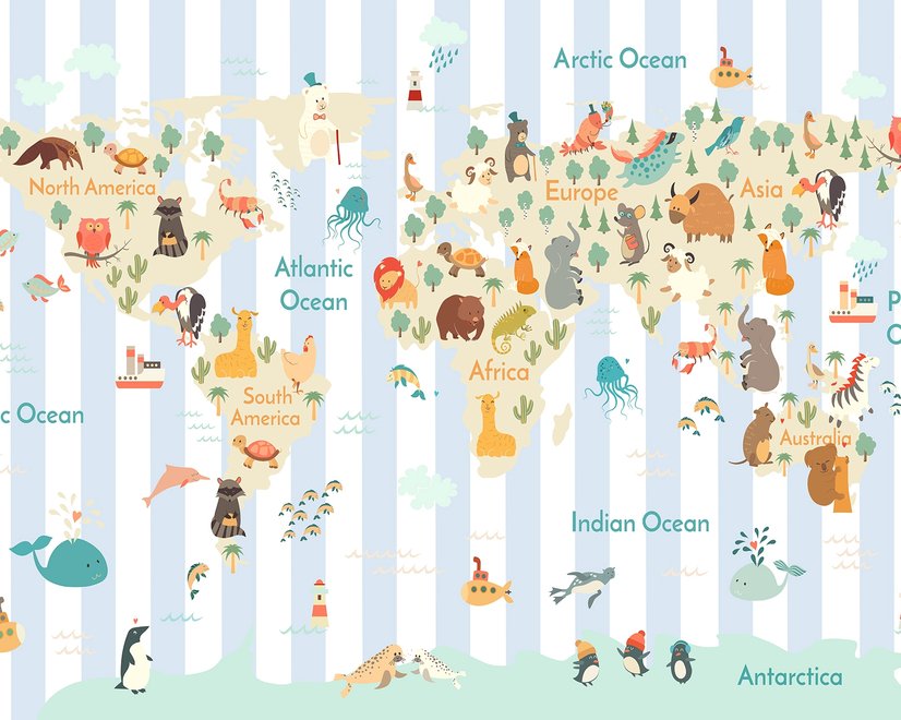 Kids Animals World Map with Stripe Pattern Wallpaper Mural