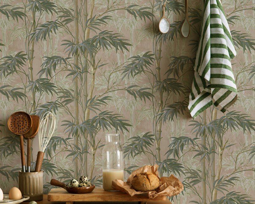 Vintage bamboo wallpaper with sage and smoky blue-green leaves on a warm taupe ground