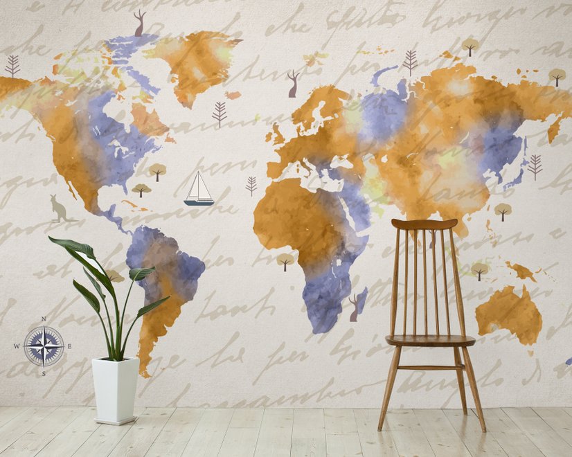Orange World Map Wallpaper Mural