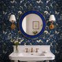 Midnight navy moody botanical wallpaper with lavender butterflies, ivory moons, gold stars, flowers and mushrooms