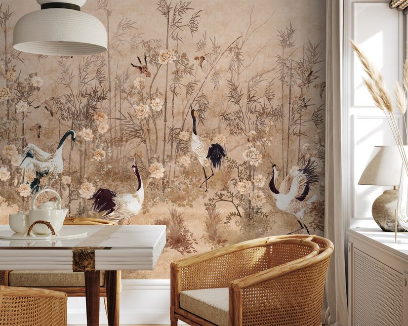 Chinese Peony Flowers and Bamboo Landscape with Crane Birds