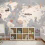 Vintage Kids World Map with Aircraft and Hot Air Balloon Wallpaper Mural