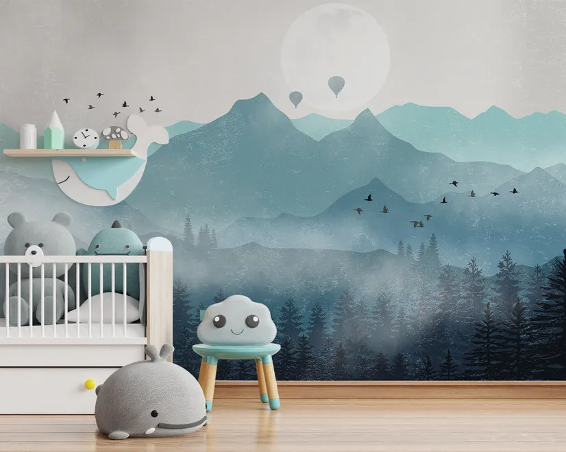 Fototapete mit Nebelgebirgslandschaft und Mond