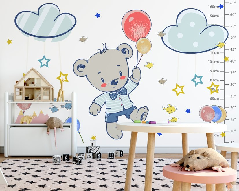 Kinder Fliegender Süßer Bär und Bunte Sterne im Cartoon-Himmel Wandtattoo