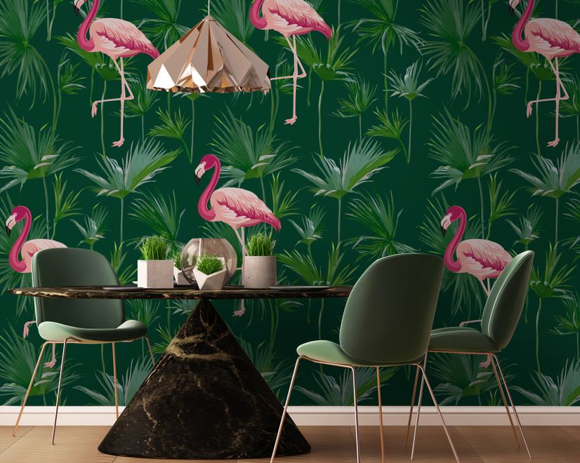 Pink Flamingo in the Tropical Forest Wallpaper Mural