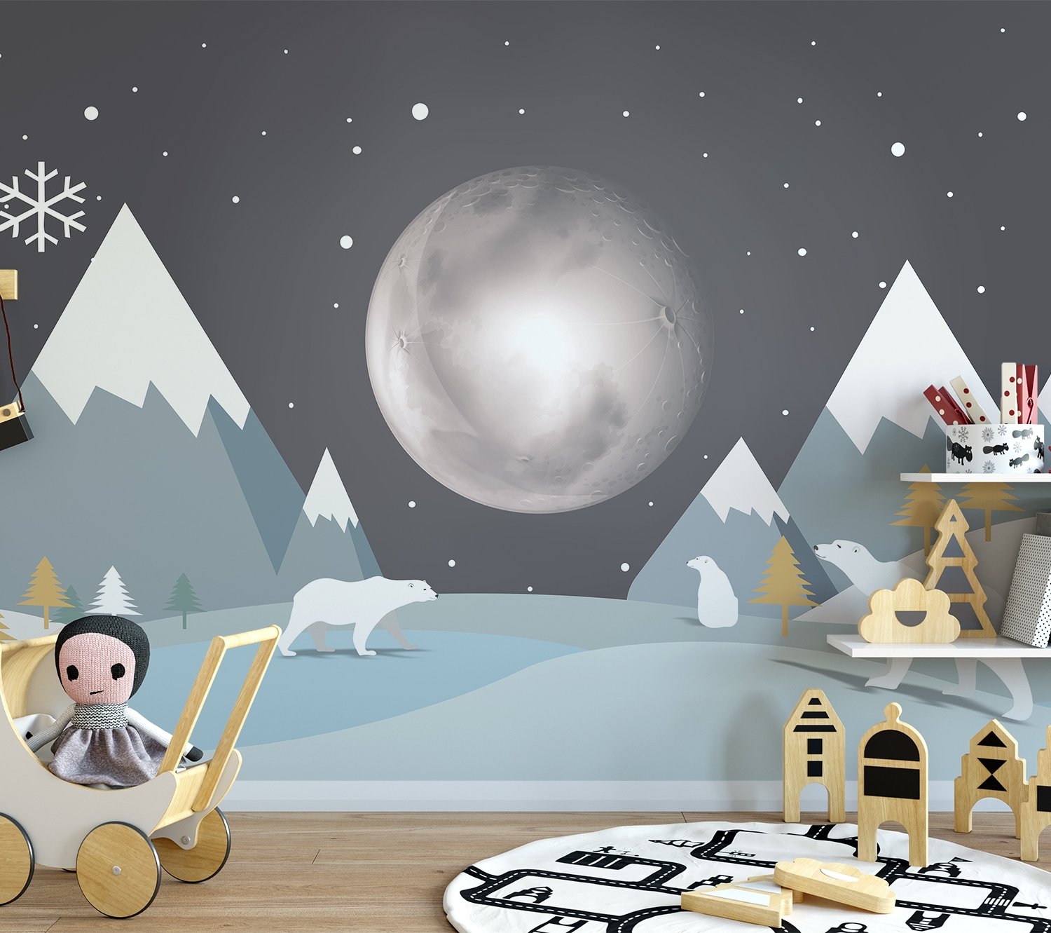 Kids Mountainscape with Cute Bears and Nightscape Wallpaper Mural - Peel and Stick