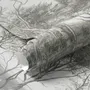 Coastal woodland wallpaper mural with grey trees, sandy path, sea horizon and small white sailboats