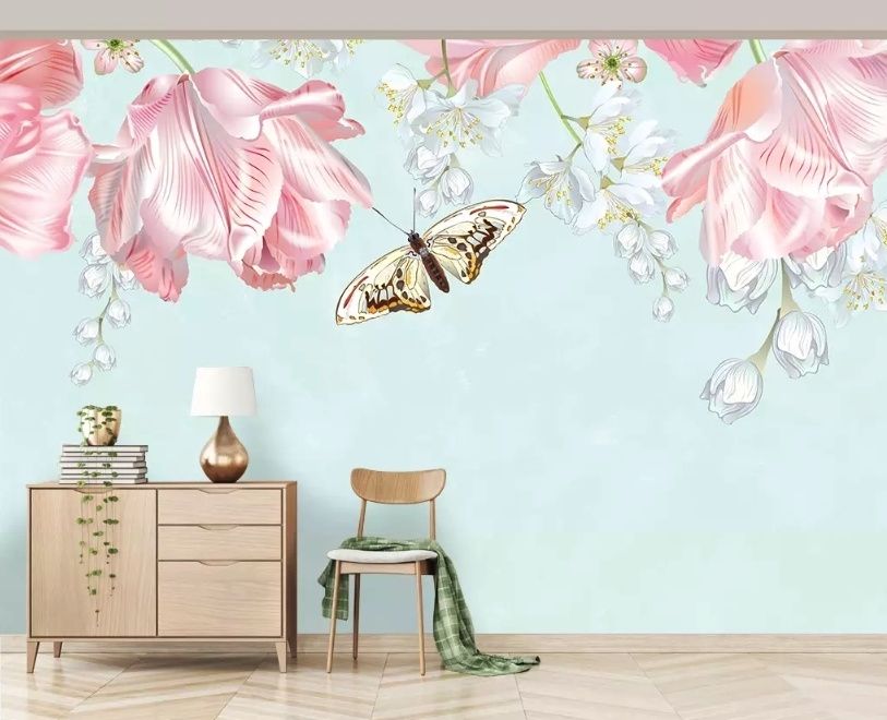 Pink Floral and Yellow Butterfly Wallpaper Mural