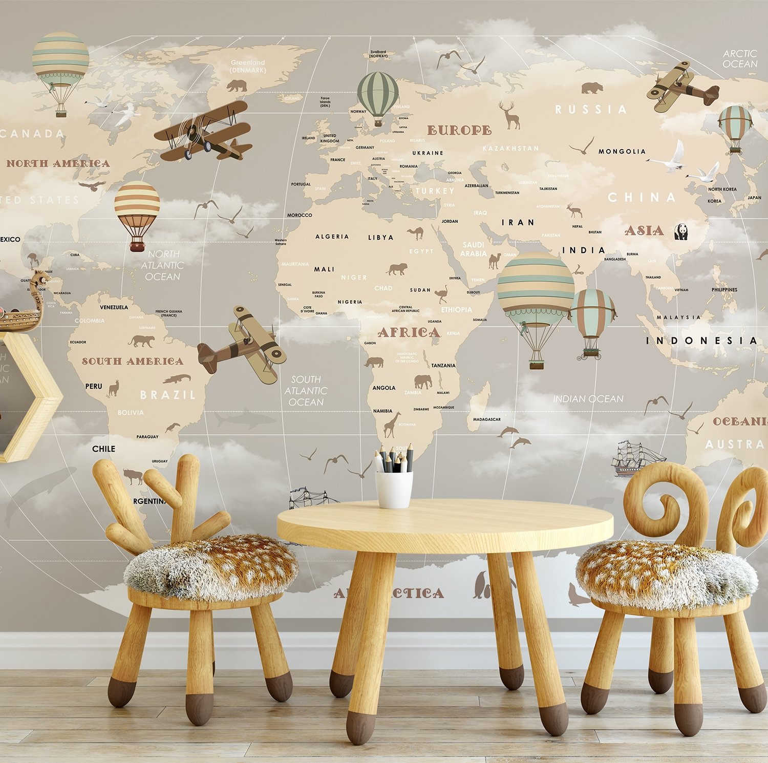 Beige Kids World Map with Hot Air Balloon Wallpaper Mural - Peel and Stick
