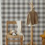Beige, oat and cream-white plaid wallpaper with fine navy-blue stripes and printed linen texture