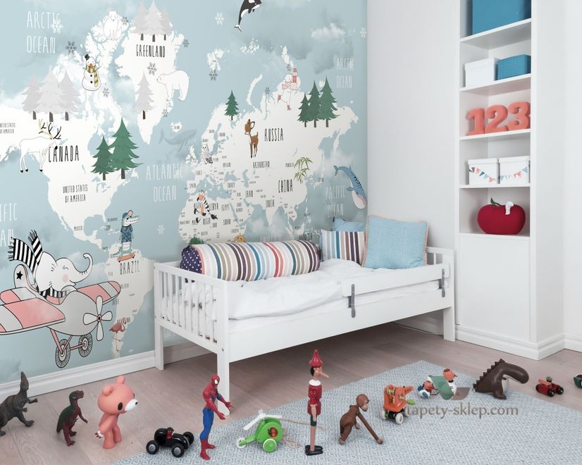 Kids Blue World Map with Cute Animals with Flying Elephant Wallpaper Mural