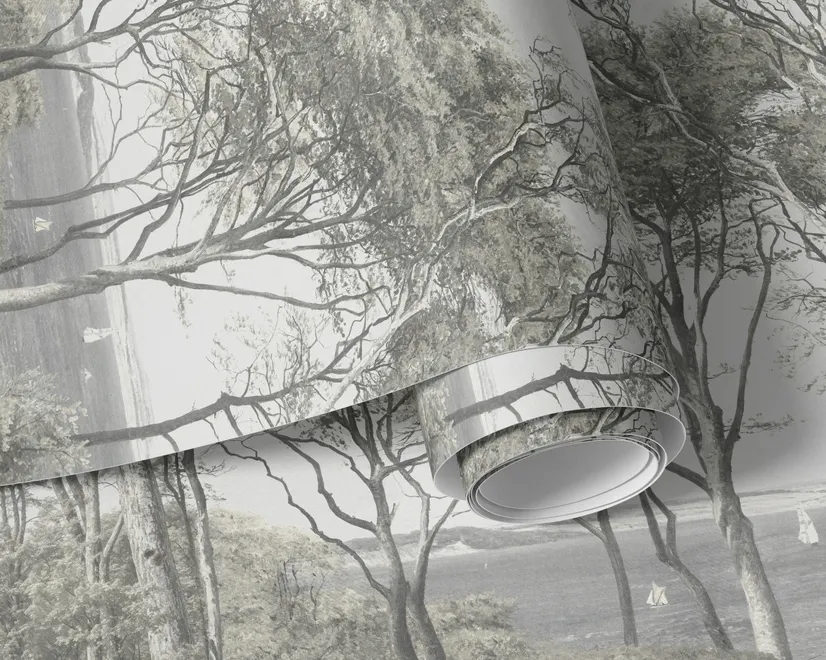 Coastal woodland wallpaper mural with grey trees, sandy path, sea horizon and small white sailboats