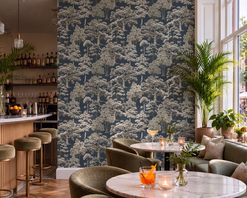 Navy wallpaper with warm ivory and taupe grey toile tree repeat on deep slate blue ground