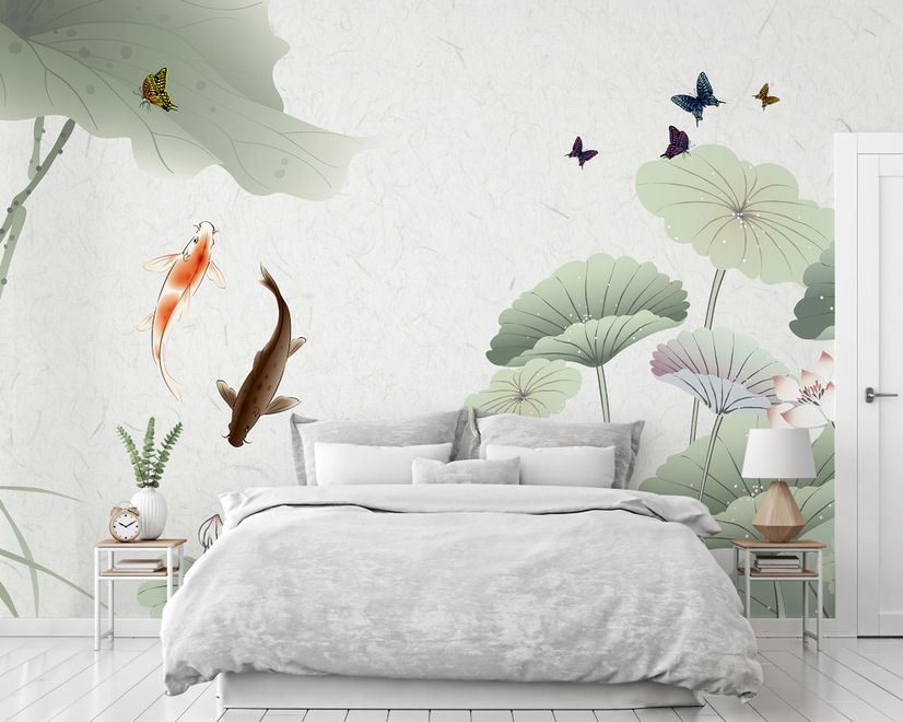 Watercolor Lotus Flower and Butterflies Wallpaper Mural