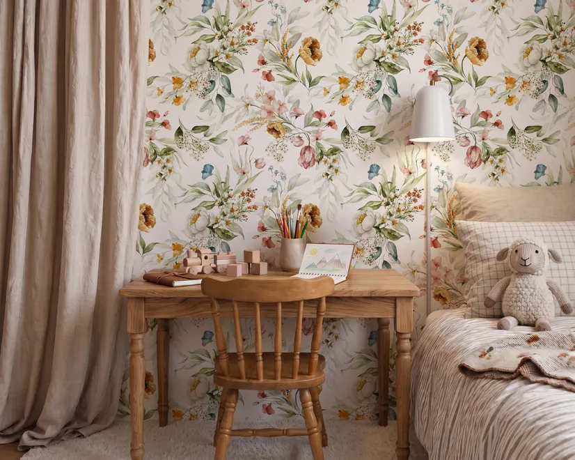 Watercolour floral wallpaper with sage leaves, blush and ochre flowers on a white ground