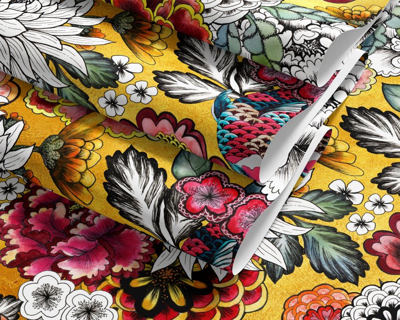 Floral and fish wallpaper with coral blooms, teal fish and black white flowers on metallic mustard-gold ground