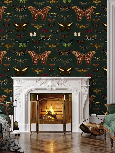 Colorful Butterfly Patterns on Green Background Wallpaper Mural
