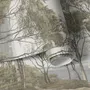 Tree wallpaper forest mural with olive coastal woodland, bare branches, shoreline path and small sailboats