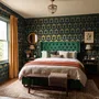 Art Deco feathers wallpaper with turquoise peacock eyes, gold plumes and navy teal ground