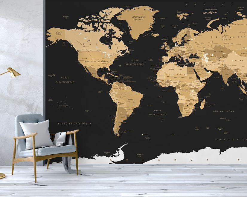 Black Political World Map Wallpaper Mural