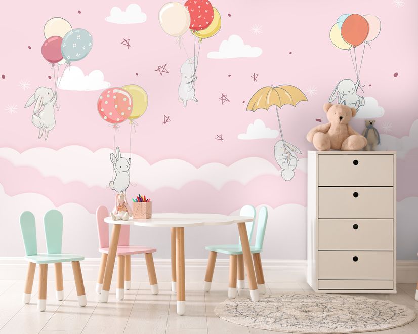 Rabbits with Air Balloon Wallpaper Mural