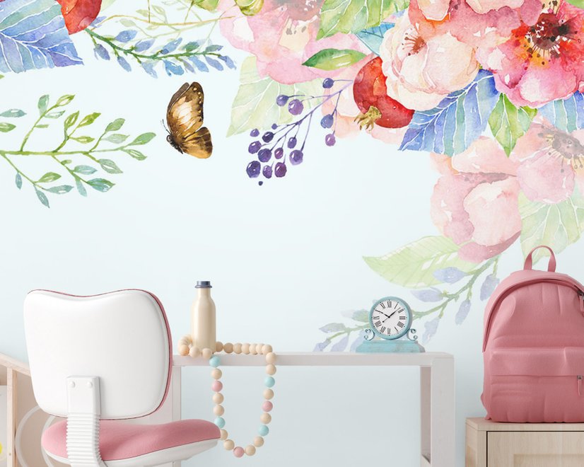 Papier peint panoramique fleurs bohèmes roses grimpantes