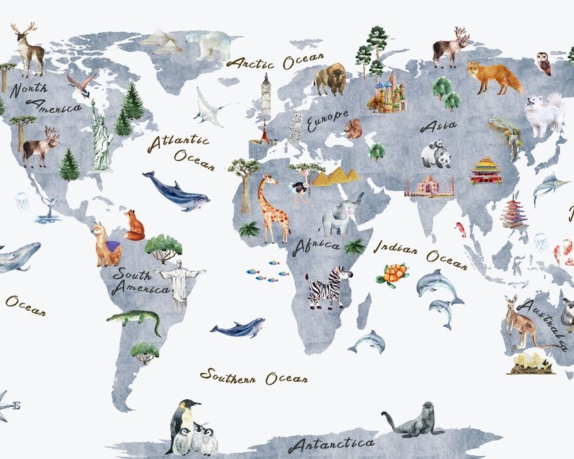 Animals on World Map Wallpaper Mural