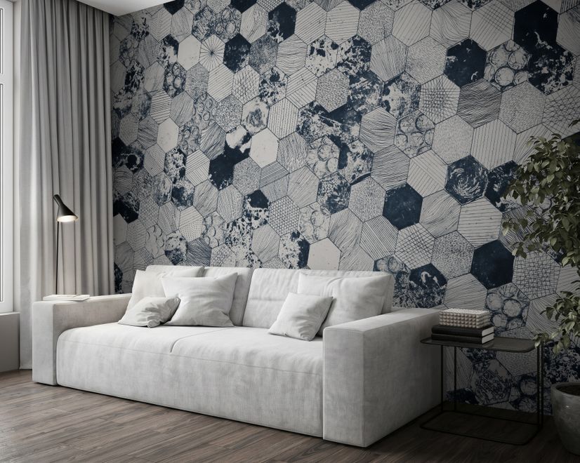 Papier peint panoramique à motif hexagonal foncé