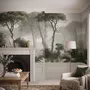 Forest in fog wallpaper with tall pine trees, grey mist, shrubs and a spiky palm in watercolour.