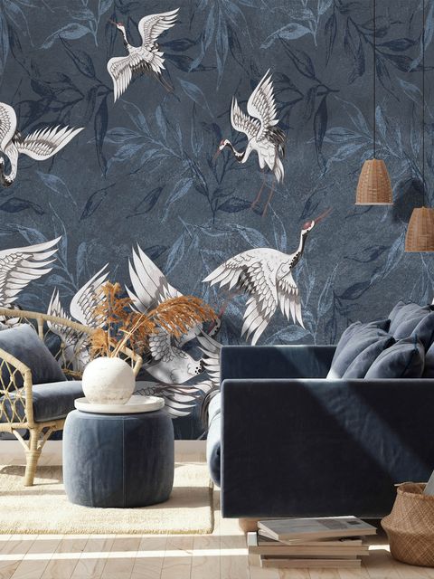 Fototapete Dunkelblaue Blätter im Grunge-Stil mit Kranichen