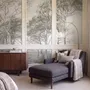 Coastal woodland wallpaper mural with grey trees, sandy path, sea horizon and small white sailboats