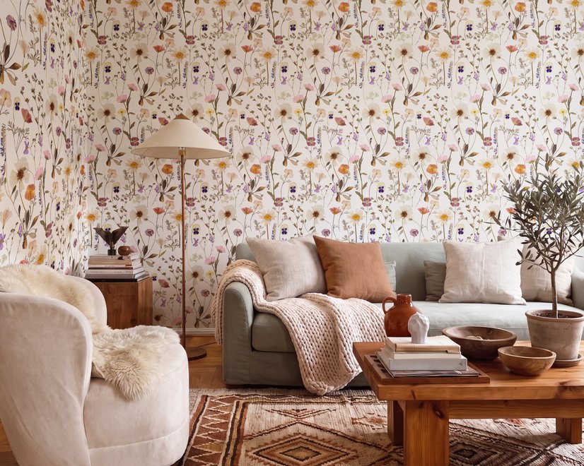 Cute spring wallpaper with pressed ivory, pink, blue and yellow wildflowers on a white ground