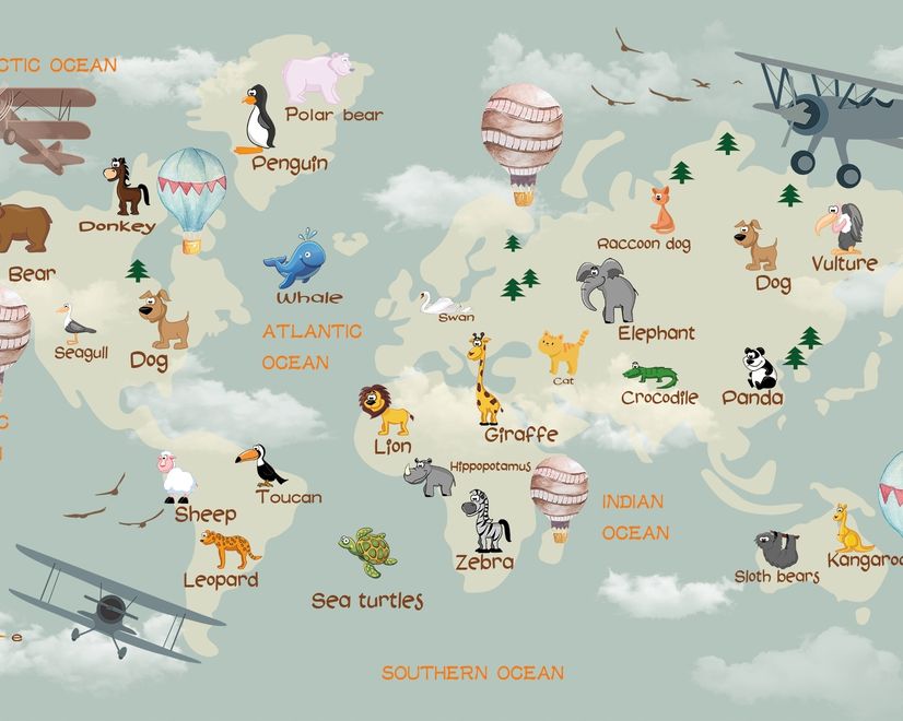 Kids World Atlas with Animals Wallpaper Mural