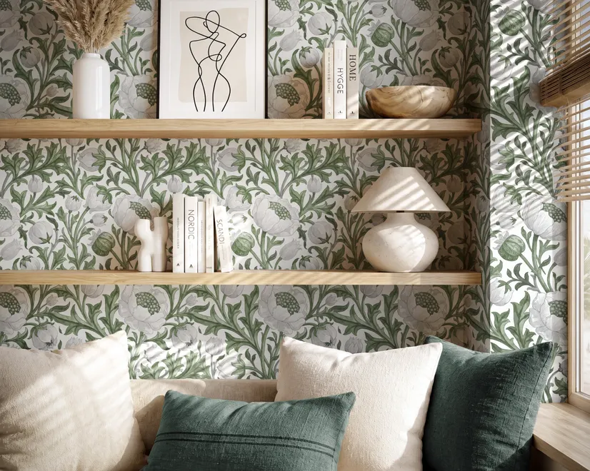 Sage green botanical floral wallpaper with white poppy flowers, lobed leaves and dotted seed centres