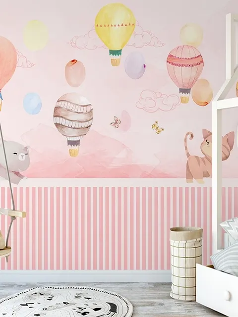 Watercolor Pink Sky with Cute Cat and Hot Air Balloon Wallpaper Mural