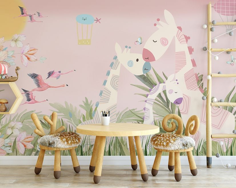 Nursery Tropical Landscape with Cute Girrafes Wallpaper Mural