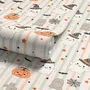 Cute autumn wallpaper with white ghosts, orange pumpkins, black bats and sage striped background