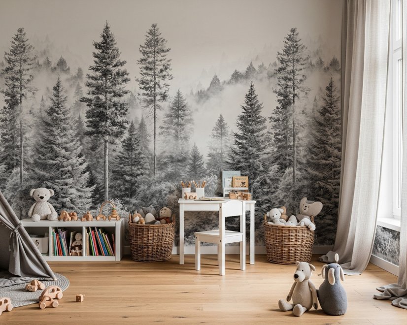 Monochrome forest with fog wallpaper mural showing tall pine trees, firs and silver-grey mist