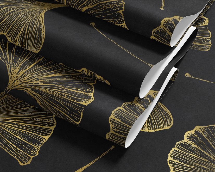 Black wallpaper with antique metallic gold ginkgo leaves on a mottled charcoal ground